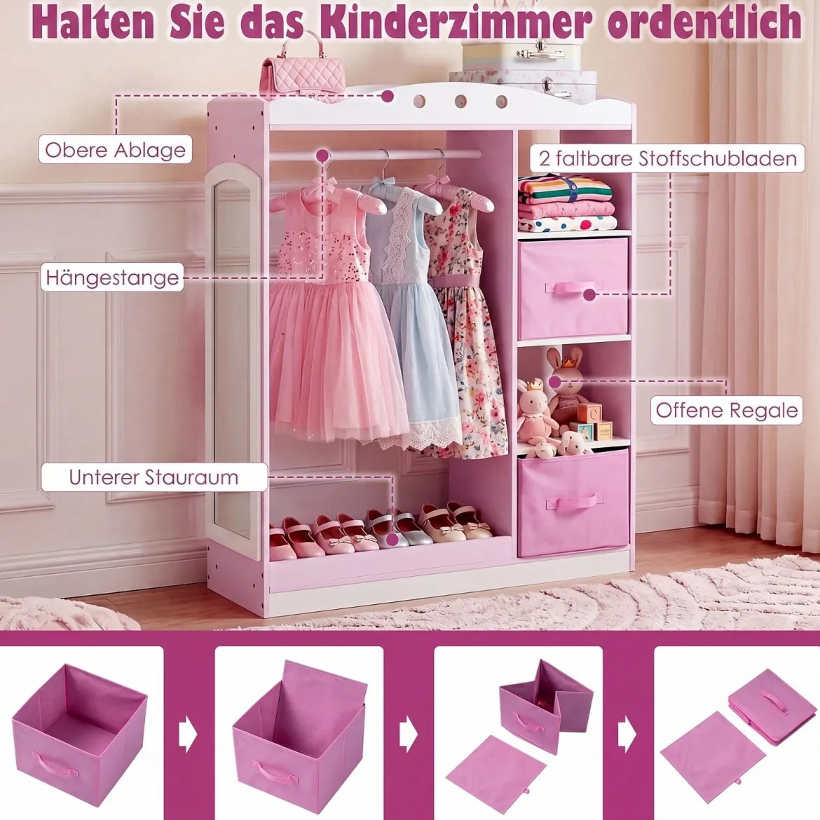 Kindergarderobe mit Spiegel Kinder Kleiderschrank aus Holz mit Offenen Regalen & Kleiderstange Rosa