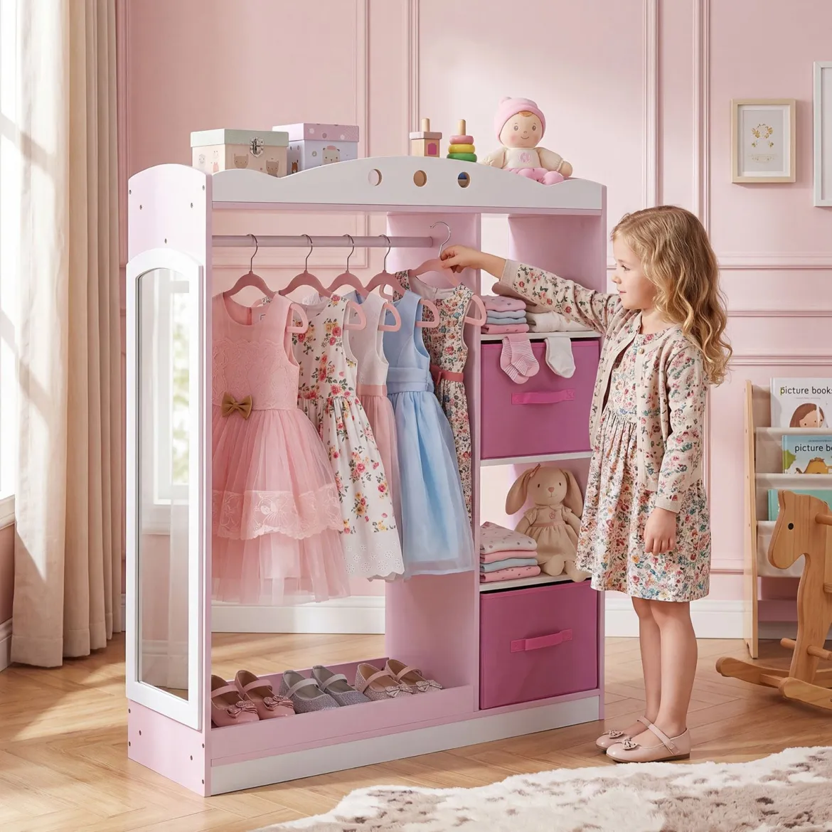 Kindergarderobe mit Spiegel Kinder Kleiderschrank aus Holz mit Offenen Regalen & Kleiderstange Rosa