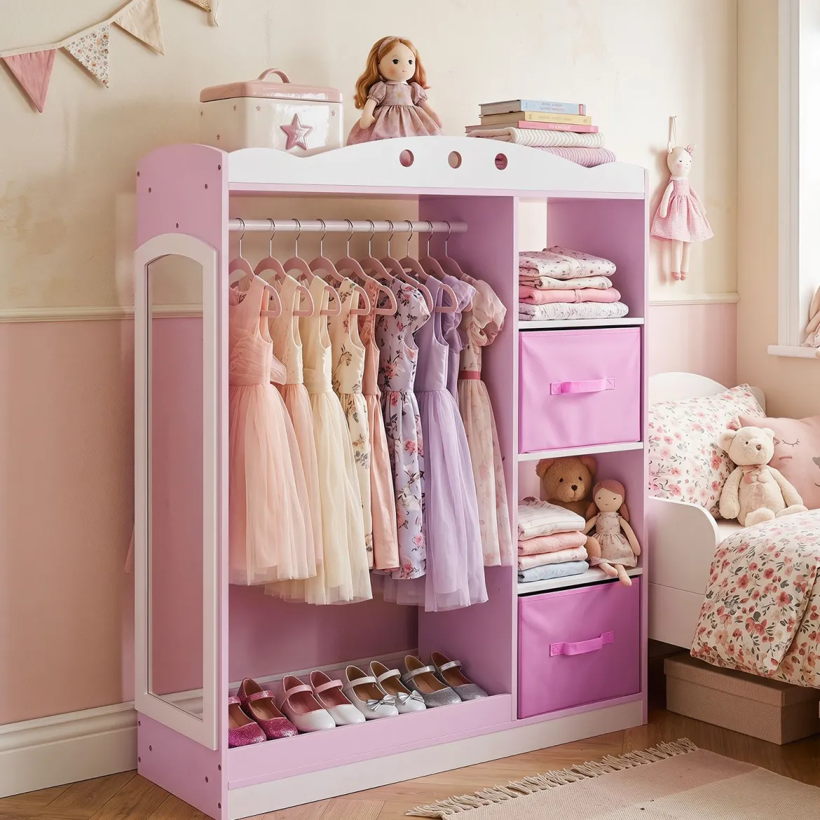 Kindergarderobe mit Spiegel Kinder Kleiderschrank aus Holz mit Offenen Regalen & Kleiderstange Rosa