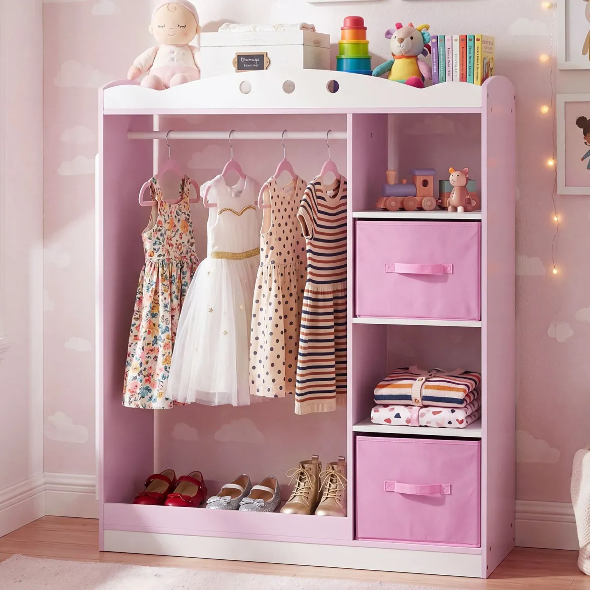 Kindergarderobe mit Spiegel Kinder Kleiderschrank aus Holz mit Offenen Regalen & Kleiderstange Rosa