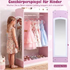 Kindergarderobe mit Spiegel Kinder Kleiderschrank aus Holz mit Offenen Regalen & Kleiderstange Rosa