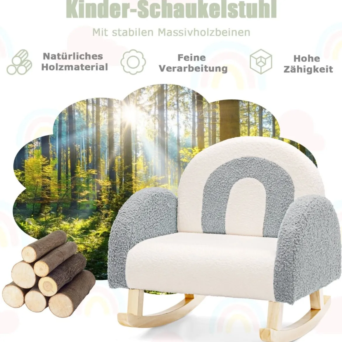 Kinder Gepolsterter Schaukelstuhl mit Massivholzbeinen Grau