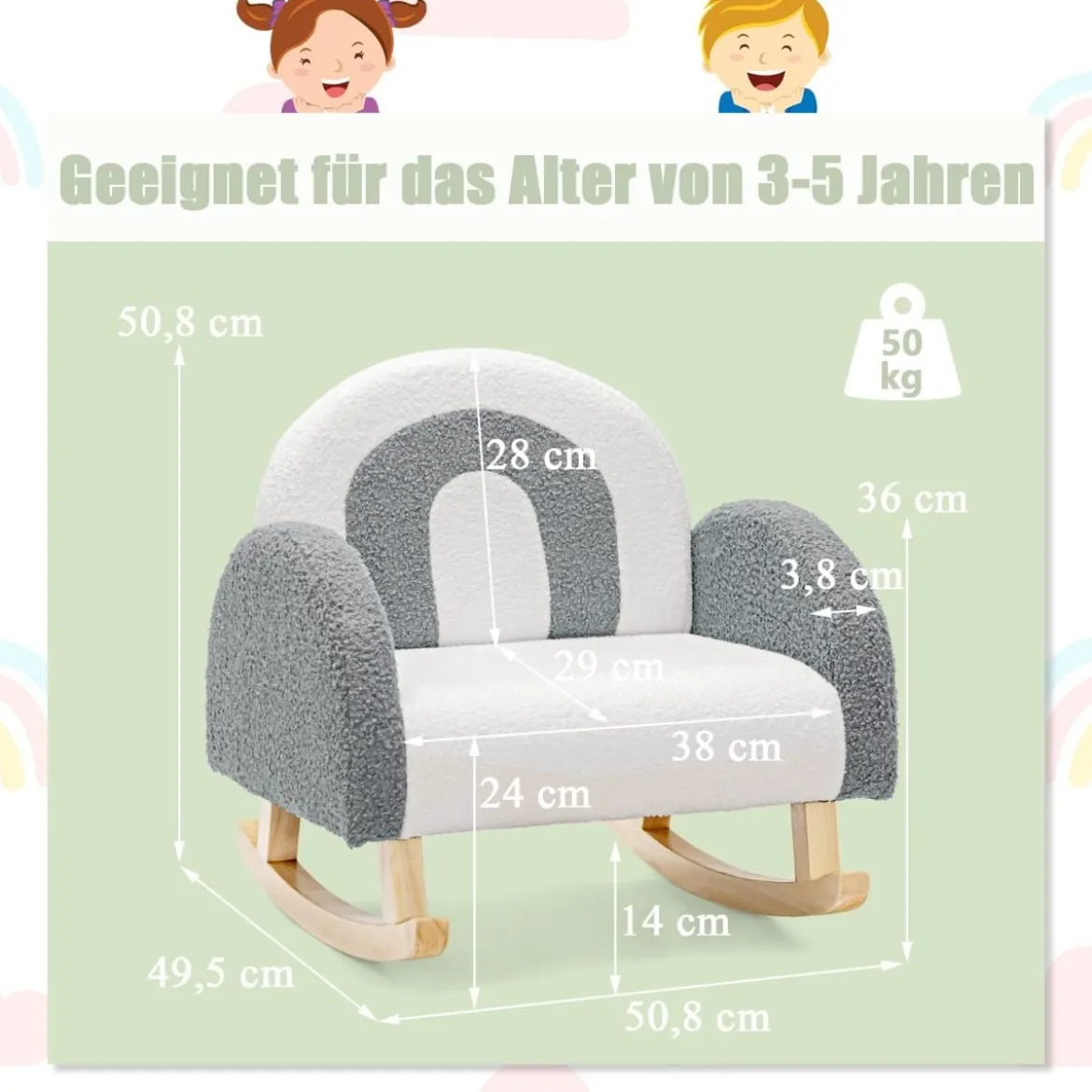 Kinder Gepolsterter Schaukelstuhl mit Massivholzbeinen Grau