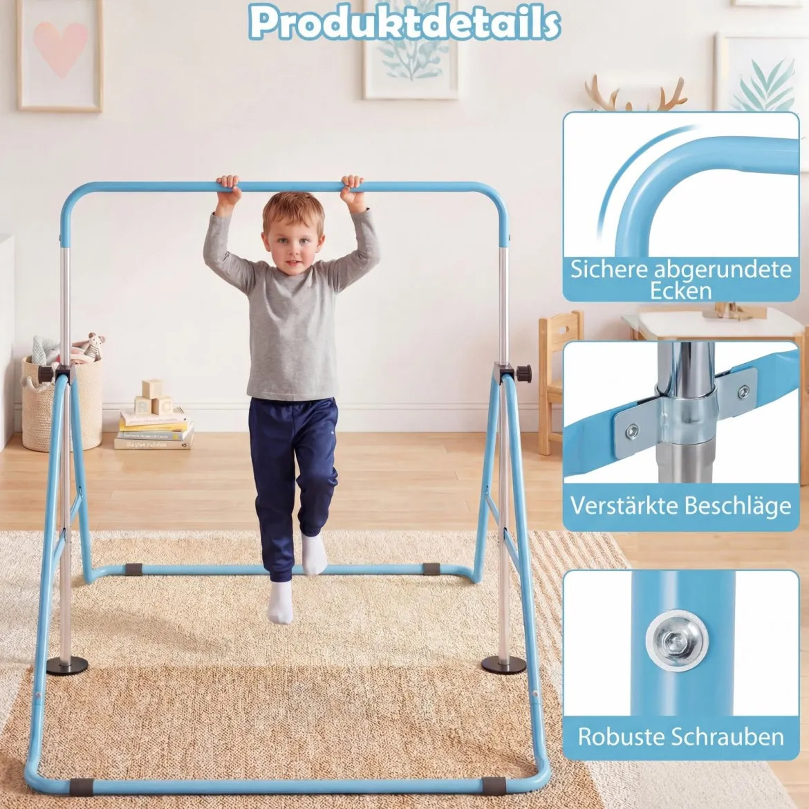 Kinder Gymnastikstange 90-130 cm Höhenverstellbar Faltbare Reckstange Turnstange bis 70 kg Tragbar Blau