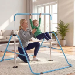 Kinder Gymnastikstange 90-130 cm Höhenverstellbar Faltbare Reckstange Turnstange bis 70 kg Tragbar Blau