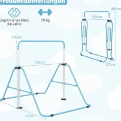 Kinder Gymnastikstange 90-130 cm Höhenverstellbar Faltbare Reckstange Turnstange bis 70 kg Tragbar Blau