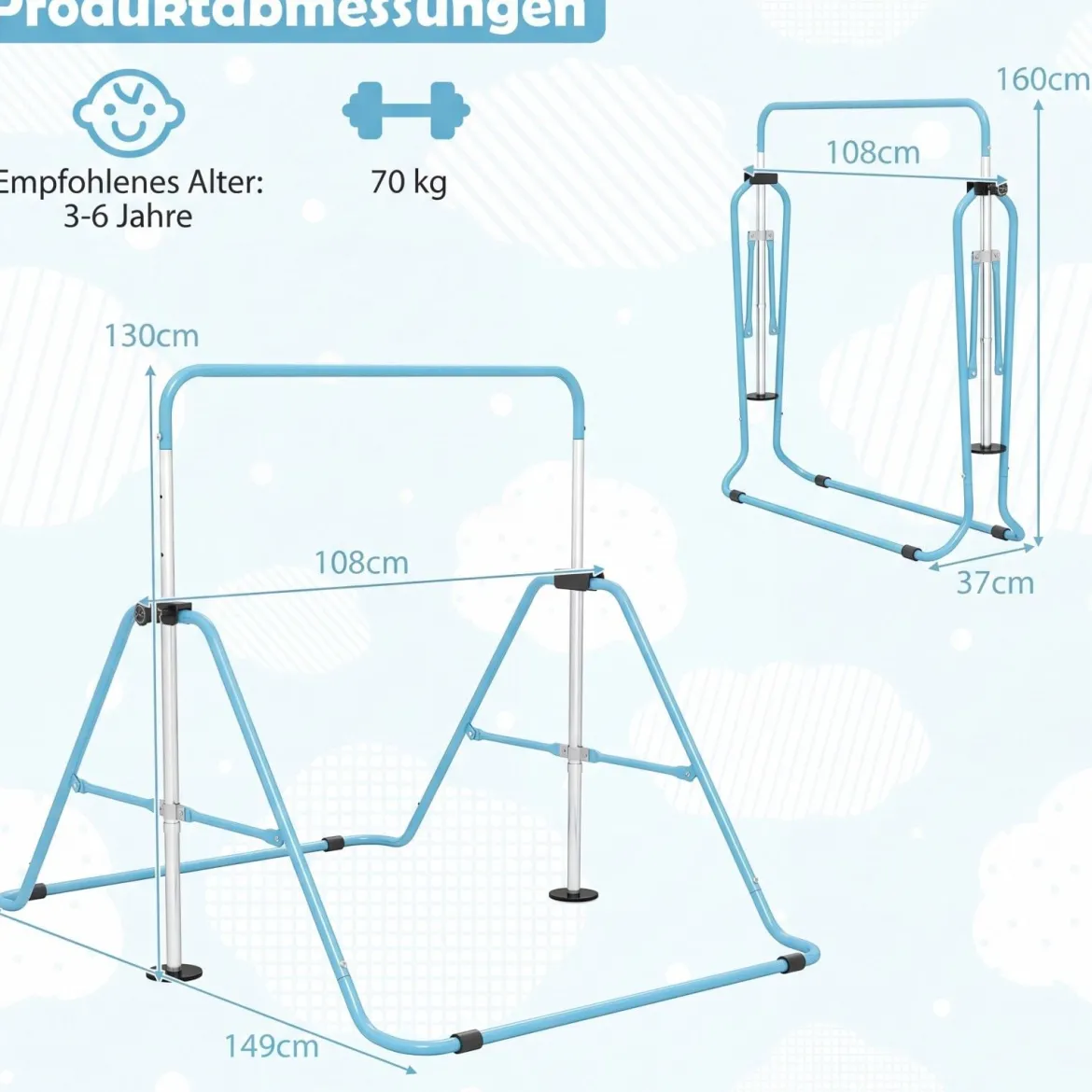Kinder Gymnastikstange 90-130 cm Höhenverstellbar Faltbare Reckstange Turnstange bis 70 kg Tragbar Blau