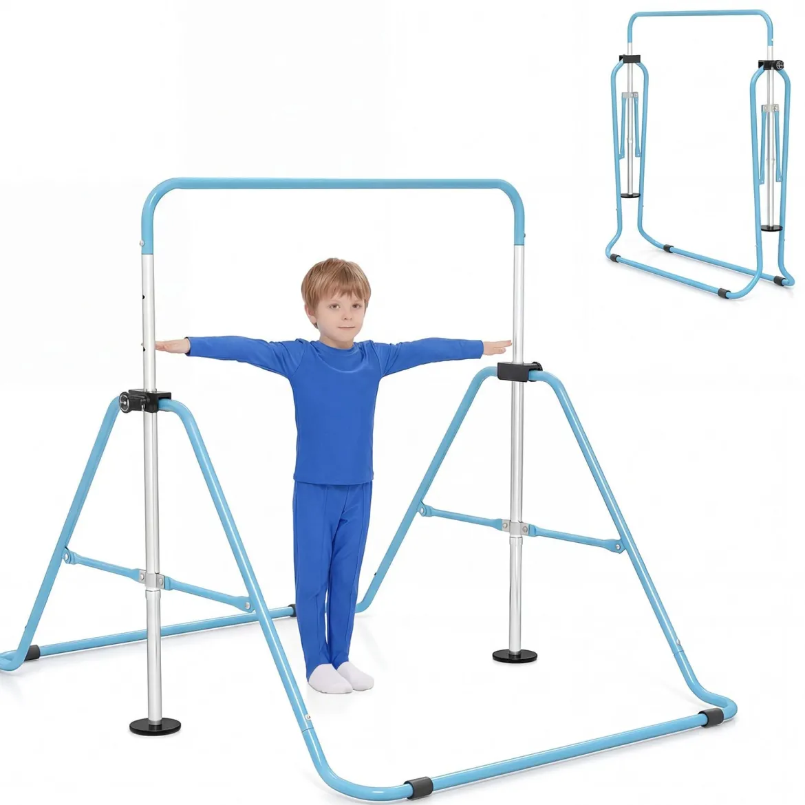 Kinder Gymnastikstange 90-130 cm Höhenverstellbar Faltbare Reckstange Turnstange bis 70 kg Tragbar Blau