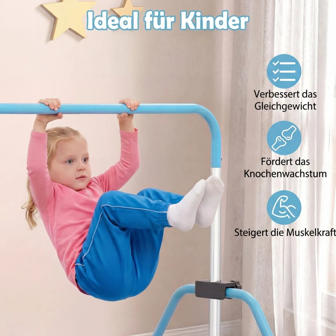 Kinder Gymnastikstange 90-130 cm Höhenverstellbar Faltbare Reckstange Turnstange bis 70 kg Tragbar Blau