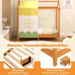 Kinderhaus-Bett mit Dach & Abnehmbarem Betthimmel & 12 Massivholzlatten Bodenbett Rahmen