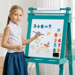 Kinder Höhenverstellbare Tafel mit Whiteboard & Magnetischer Tafel Klappbare Staffelei Grün