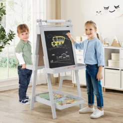 Kinder Höhenverstellbare Tafel mit Whiteboard & Magnetischer Tafel Klappbare Staffelei Grau
