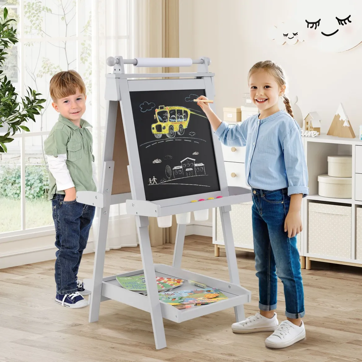 Kinder Höhenverstellbare Tafel mit Whiteboard & Magnetischer Tafel Klappbare Staffelei Grau
