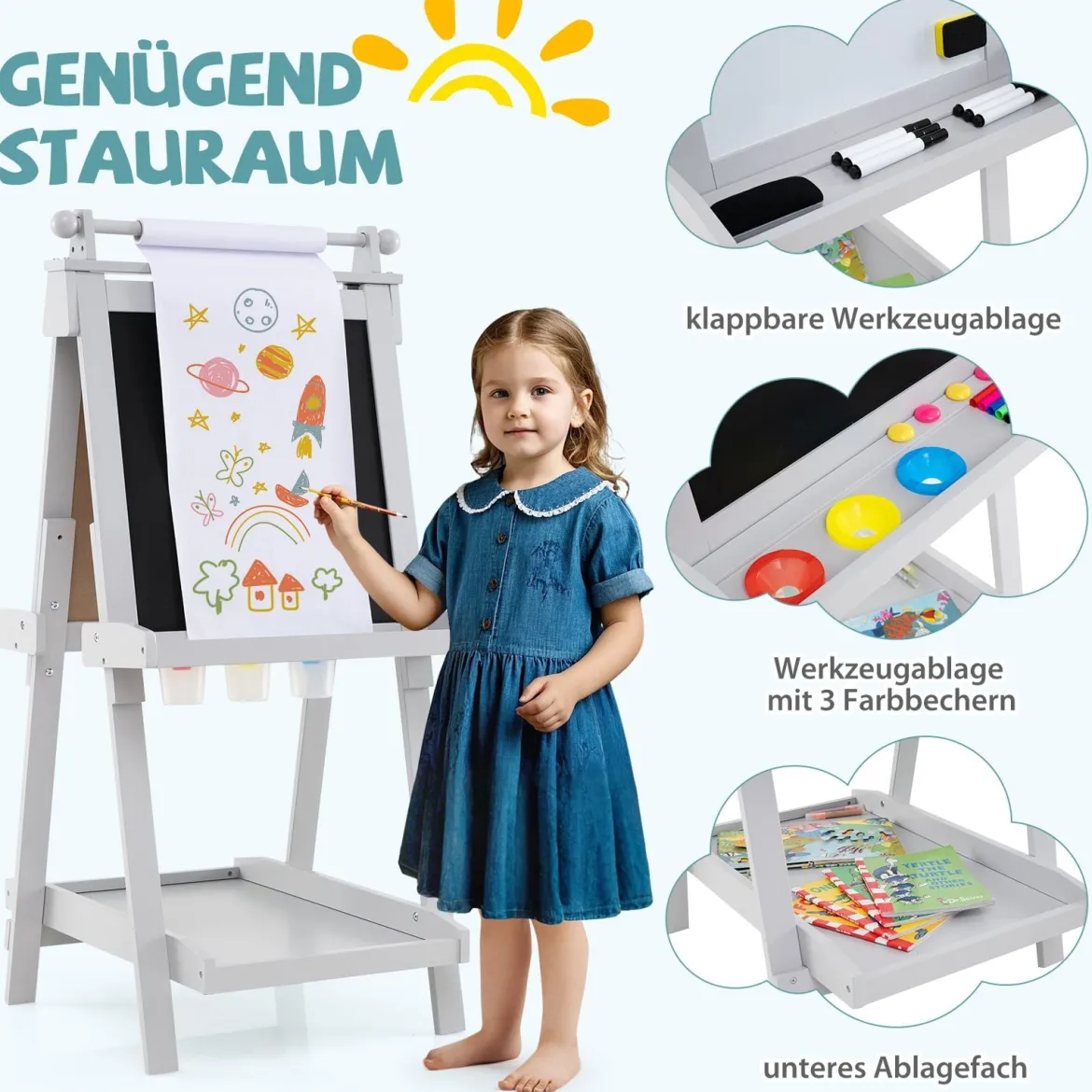Kinder Höhenverstellbare Tafel mit Whiteboard & Magnetischer Tafel Klappbare Staffelei Grau