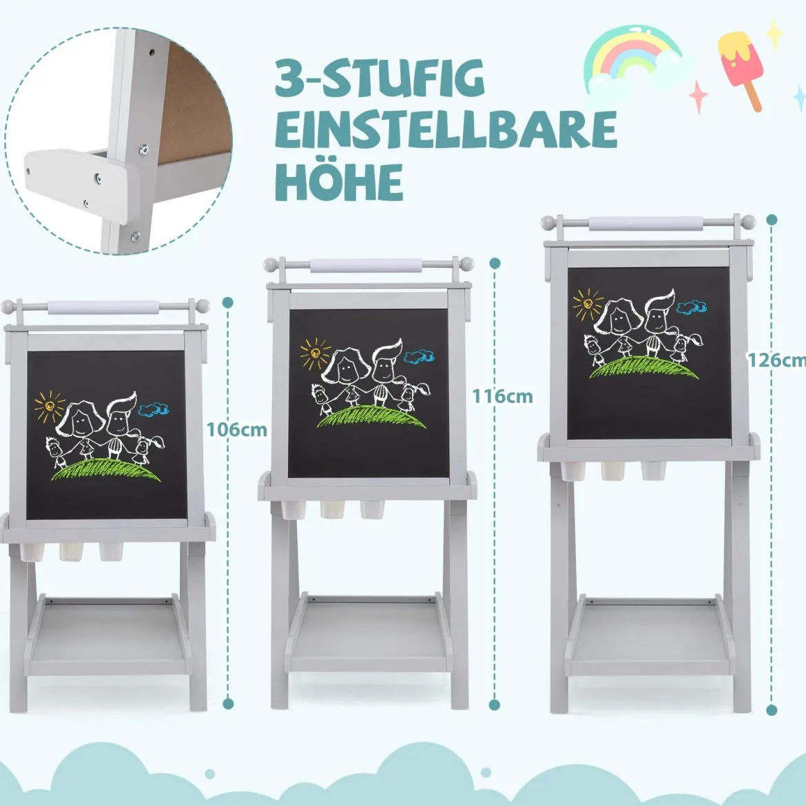 Kinder Höhenverstellbare Tafel mit Whiteboard & Magnetischer Tafel Klappbare Staffelei Grau