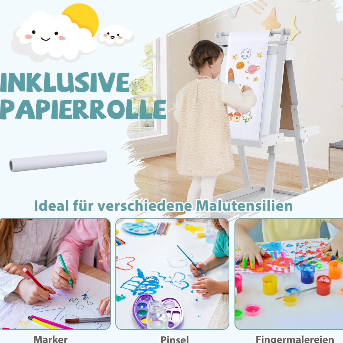 Kinder Höhenverstellbare Tafel mit Whiteboard & Magnetischer Tafel Klappbare Staffelei Grau