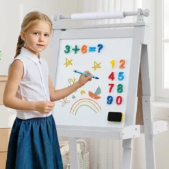 Kinder Höhenverstellbare Tafel mit Whiteboard & Magnetischer Tafel Klappbare Staffelei Grau
