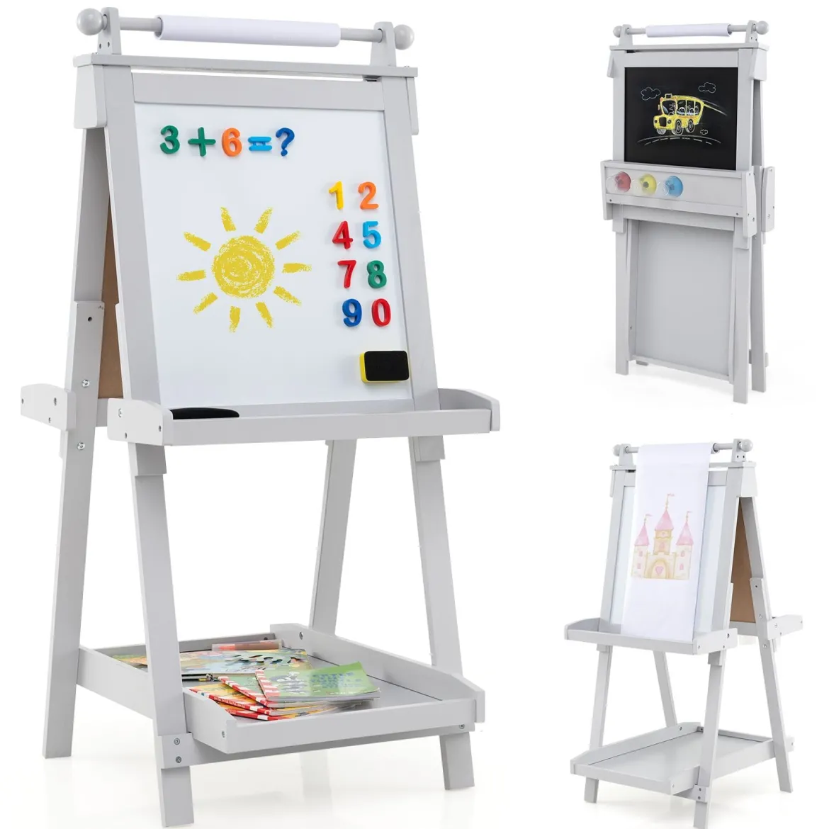 Kinder Höhenverstellbare Tafel mit Whiteboard & Magnetischer Tafel Klappbare Staffelei Grau