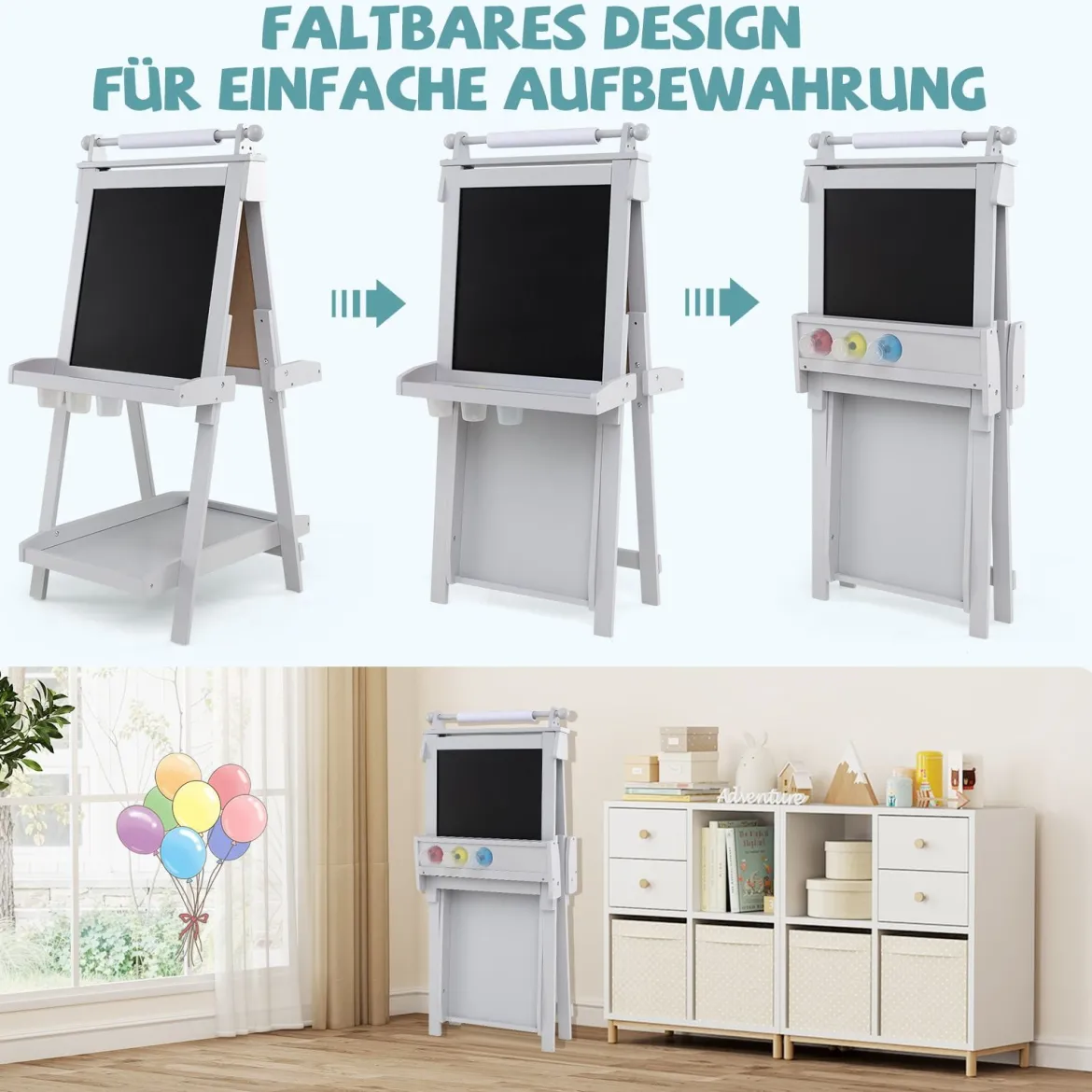 Kinder Höhenverstellbare Tafel mit Whiteboard & Magnetischer Tafel Klappbare Staffelei Grau
