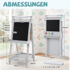 Kinder Höhenverstellbare Tafel mit Whiteboard & Magnetischer Tafel Klappbare Staffelei Grau