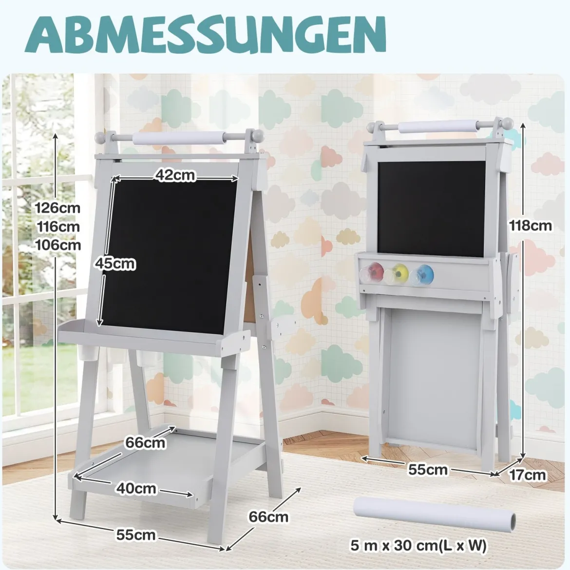 Kinder Höhenverstellbare Tafel mit Whiteboard & Magnetischer Tafel Klappbare Staffelei Grau