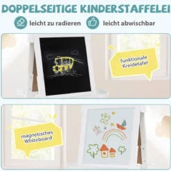 Kinder Höhenverstellbare Tafel mit Whiteboard & Magnetischer Tafel Klappbare Staffelei Weiß