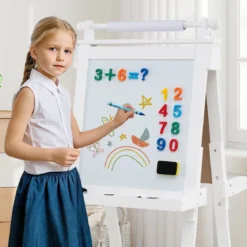 Kinder Höhenverstellbare Tafel mit Whiteboard & Magnetischer Tafel Klappbare Staffelei Weiß