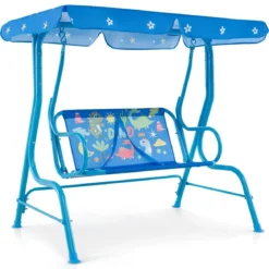 Kinder Hollywoodschaukel 2-Sitzer Kinderschaukel mit verstellbarem Sonnendach & Metallgestell Gelb/Blau/Rosa