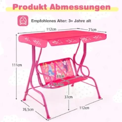 Kinder Hollywoodschaukel 2-Sitzer Kinderschaukel mit verstellbarem Sonnendach & Metallgestell Gelb/Blau/Rosa