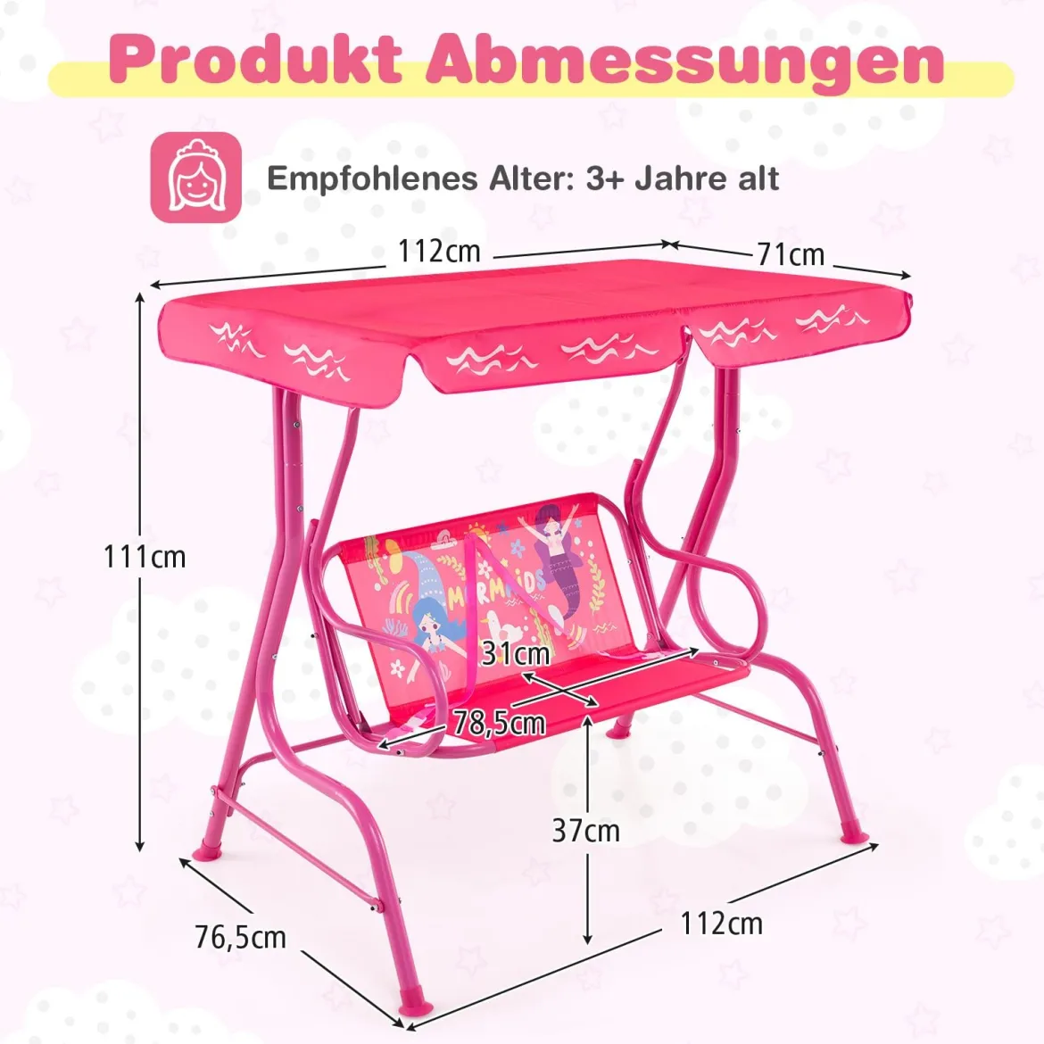 Kinder Hollywoodschaukel 2-Sitzer Kinderschaukel mit verstellbarem Sonnendach & Metallgestell Gelb/Blau/Rosa