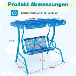 Kinder Hollywoodschaukel 2-Sitzer Kinderschaukel mit verstellbarem Sonnendach & Metallgestell Gelb/Blau/Rosa
