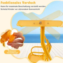 Kinder Hollywoodschaukel 2-Sitzer Kinderschaukel mit verstellbarem Sonnendach & Metallgestell Gelb/Blau/Rosa