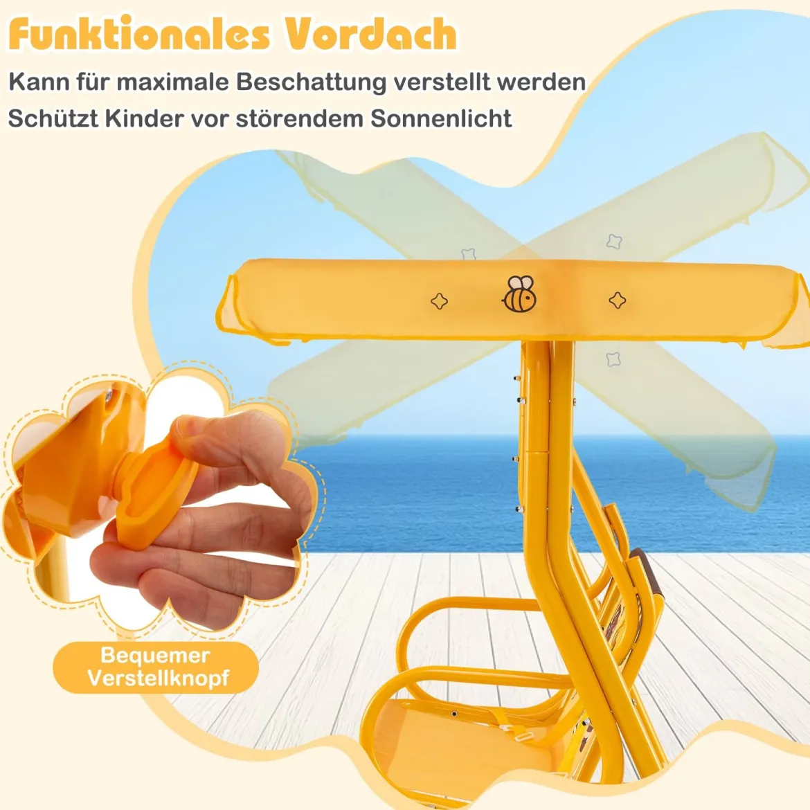 Kinder Hollywoodschaukel 2-Sitzer Kinderschaukel mit verstellbarem Sonnendach & Metallgestell Gelb/Blau/Rosa
