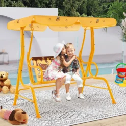 Kinder Hollywoodschaukel 2-Sitzer Kinderschaukel mit verstellbarem Sonnendach & Metallgestell Gelb/Blau/Rosa