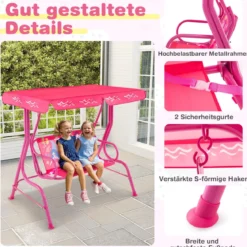 Kinder Hollywoodschaukel 2-Sitzer Kinderschaukel mit verstellbarem Sonnendach & Metallgestell Gelb/Blau/Rosa