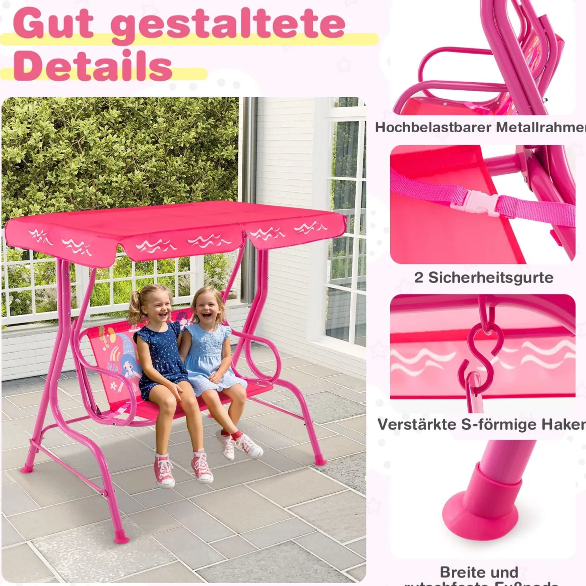 Kinder Hollywoodschaukel 2-Sitzer Kinderschaukel mit verstellbarem Sonnendach & Metallgestell Gelb/Blau/Rosa