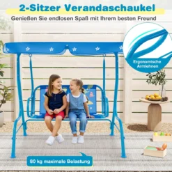 Kinder Hollywoodschaukel 2-Sitzer Kinderschaukel mit verstellbarem Sonnendach & Metallgestell Gelb/Blau/Rosa
