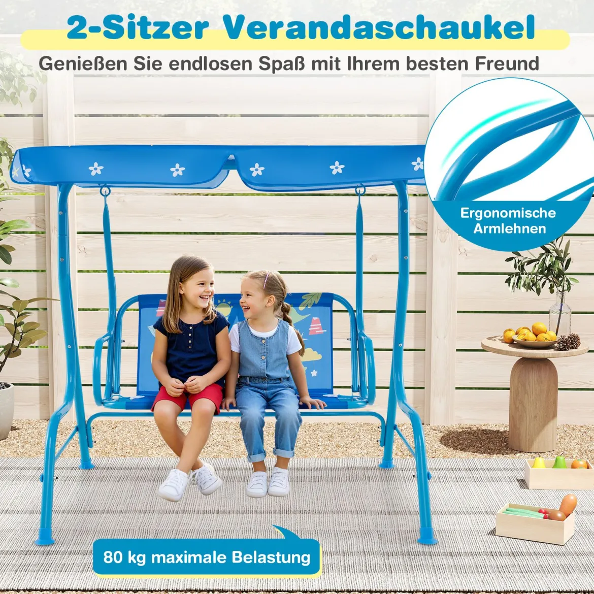 Kinder Hollywoodschaukel 2-Sitzer Kinderschaukel mit verstellbarem Sonnendach & Metallgestell Gelb/Blau/Rosa