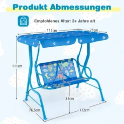 Kinder Hollywoodschaukel 2-Sitzer Kinderschaukel mit verstellbarem Sonnendach & Metallgestell Gelb/Blau/Rosa