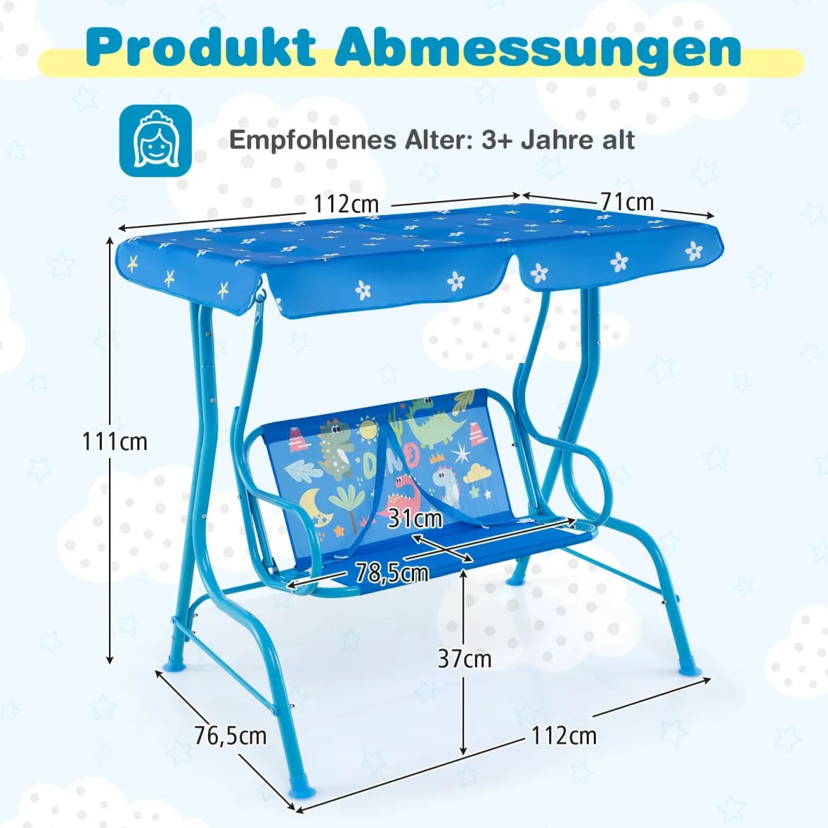 Kinder Hollywoodschaukel 2-Sitzer Kinderschaukel mit verstellbarem Sonnendach & Metallgestell Gelb/Blau/Rosa