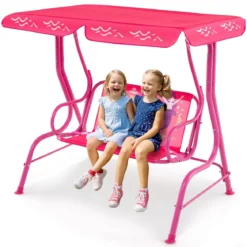 Kinder Hollywoodschaukel 2-Sitzer Kinderschaukel mit verstellbarem Sonnendach & Metallgestell Gelb/Blau/Rosa