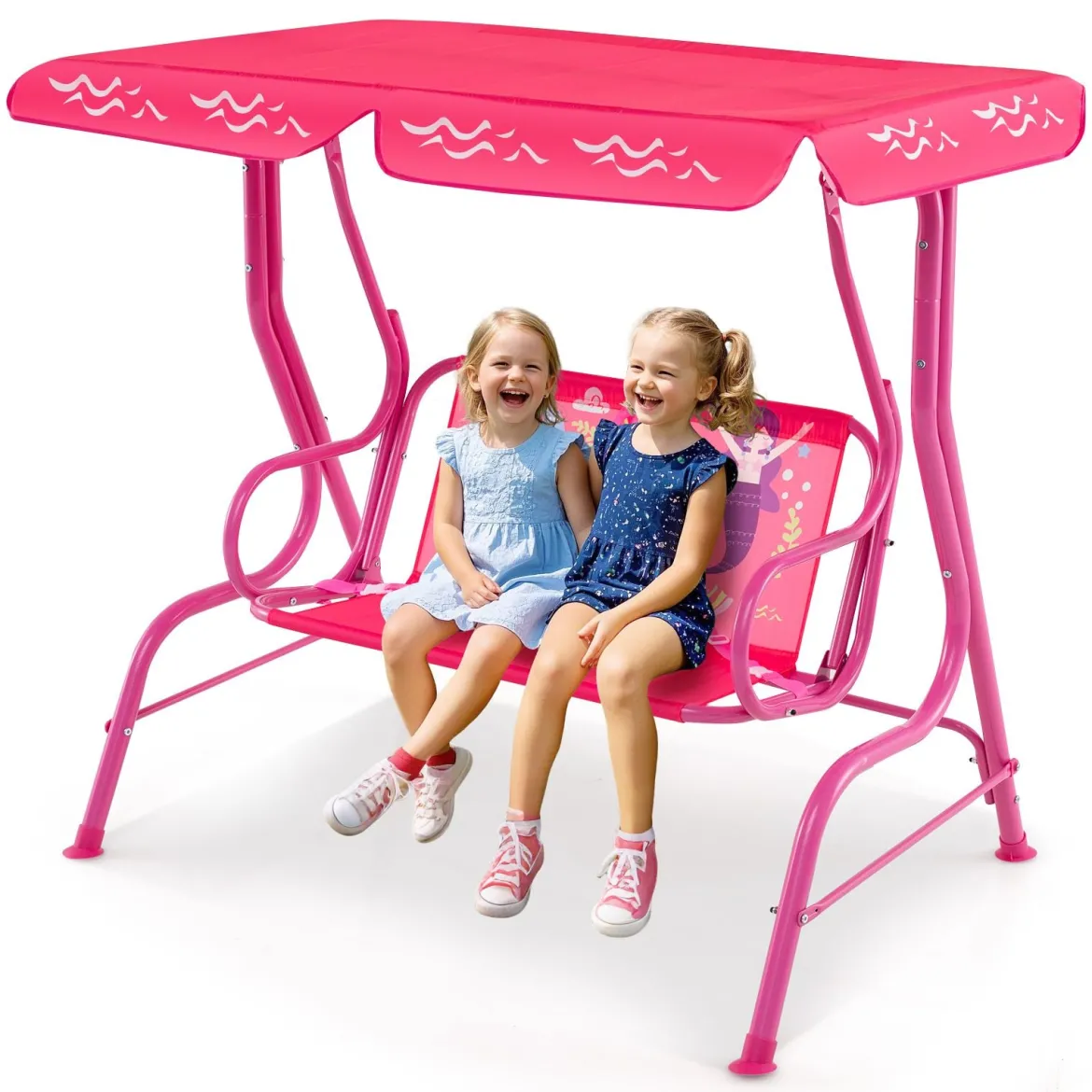Kinder Hollywoodschaukel 2-Sitzer Kinderschaukel mit verstellbarem Sonnendach & Metallgestell Gelb/Blau/Rosa