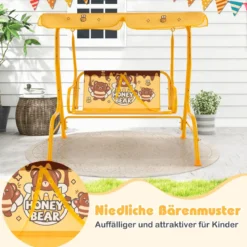 Kinder Hollywoodschaukel 2-Sitzer Kinderschaukel mit verstellbarem Sonnendach & Metallgestell Gelb/Blau/Rosa