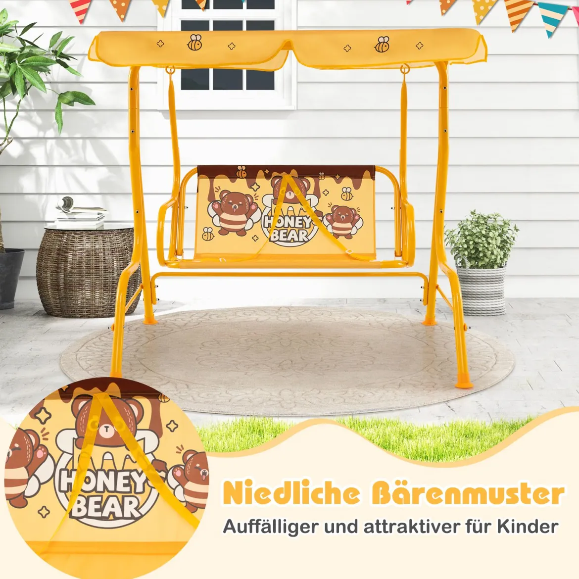 Kinder Hollywoodschaukel 2-Sitzer Kinderschaukel mit verstellbarem Sonnendach & Metallgestell Gelb/Blau/Rosa