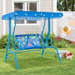 Kinder Hollywoodschaukel 2-Sitzer Kinderschaukel mit verstellbarem Sonnendach & Metallgestell Gelb/Blau/Rosa