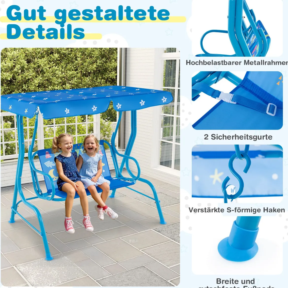Kinder Hollywoodschaukel 2-Sitzer Kinderschaukel mit verstellbarem Sonnendach & Metallgestell Gelb/Blau/Rosa