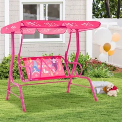 Kinder Hollywoodschaukel 2-Sitzer Kinderschaukel mit verstellbarem Sonnendach & Metallgestell Gelb/Blau/Rosa