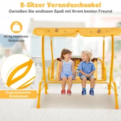Kinder Hollywoodschaukel 2-Sitzer Kinderschaukel mit verstellbarem Sonnendach & Metallgestell Gelb/Blau/Rosa