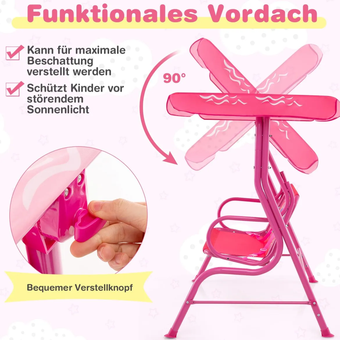 Kinder Hollywoodschaukel 2-Sitzer Kinderschaukel mit verstellbarem Sonnendach & Metallgestell Gelb/Blau/Rosa