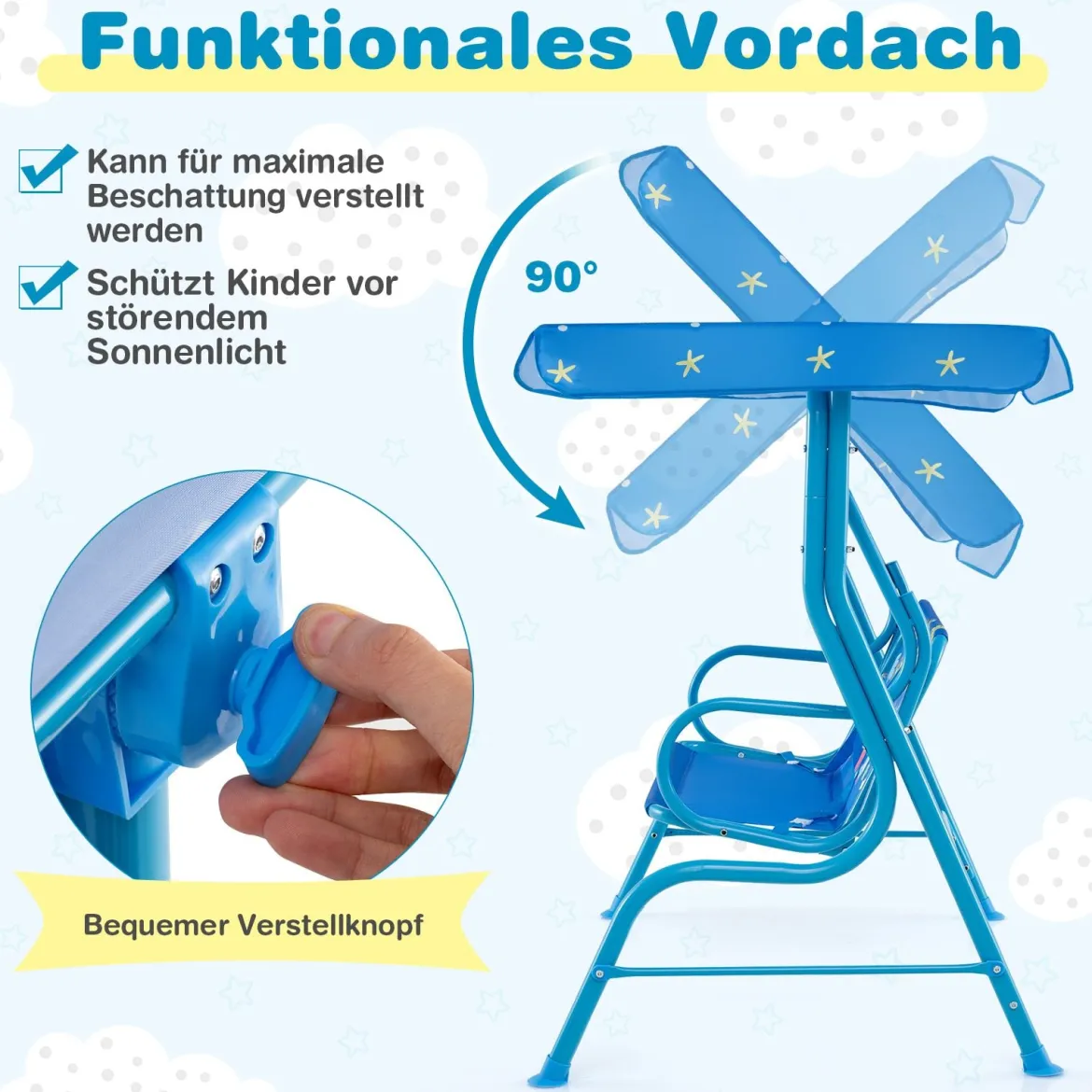 Kinder Hollywoodschaukel 2-Sitzer Kinderschaukel mit verstellbarem Sonnendach & Metallgestell Gelb/Blau/Rosa